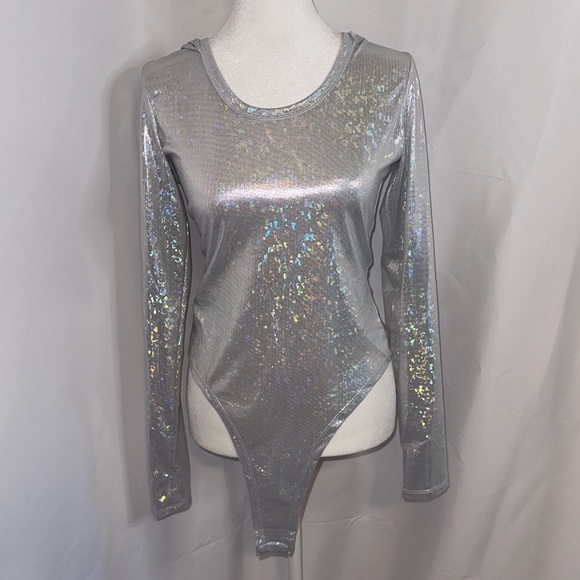 NewYork X change Tops - Holographic Festival Bodysuit with Hood